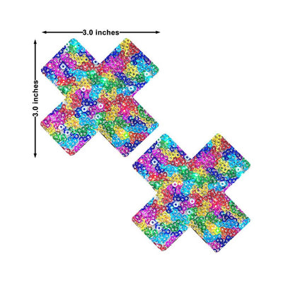 Pair of multicolor sequin-covered cross-shaped nipple covers measuring 3 inches by 3 inches each.