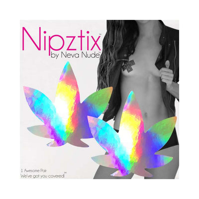 Holographic weed leaf-shaped nipple covers displayed with a black and white image of a woman wearing one under a jacket.