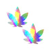 Pair of holographic weed leaf-shaped nipple covers with a rainbow iridescent finish on white background.