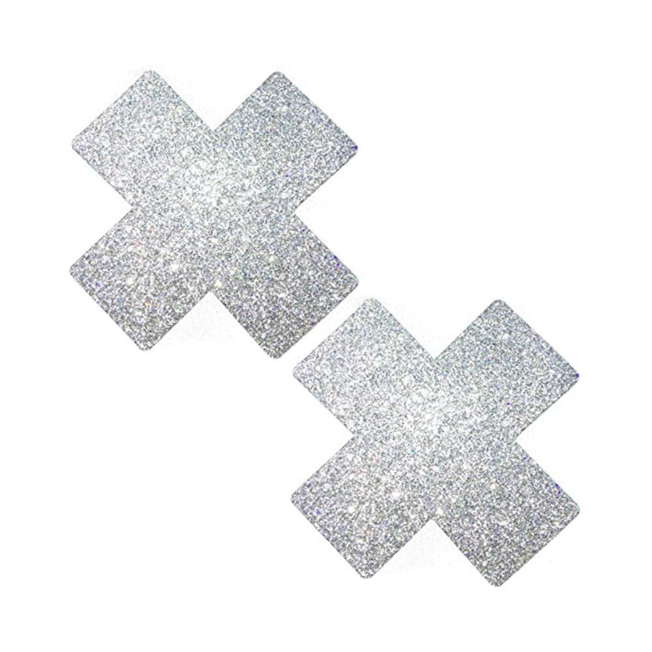 Pair of silver glitter adhesive pasties in X shape for stylish coverage and sparkle.