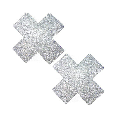 Pair of silver glitter adhesive pasties in X shape for stylish coverage and sparkle.
