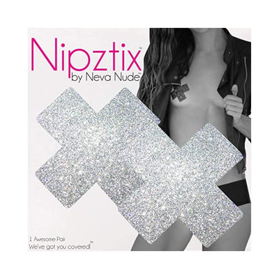 Silver glitter X-shaped pasties by Nipztix with a model wearing one under an open jacket.