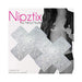 Silver glitter X-shaped pasties by Nipztix with a model wearing one under an open jacket.