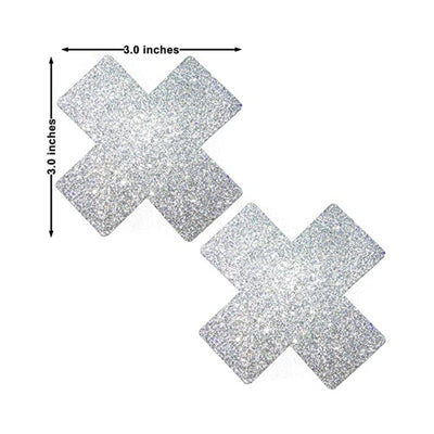 Pair of silver glitter X-shaped pasties measuring 3 by 3 inches with a sparkling finish for stylish coverage.
