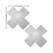 Pair of silver glitter X-shaped pasties measuring 3 by 3 inches with a sparkling finish for stylish coverage.
