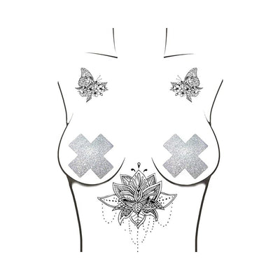 Silver glitter X-shaped pasties displayed on a stylized female torso illustration with butterfly and floral tattoo designs.