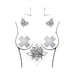 Silver glitter X-shaped pasties displayed on a stylized female torso illustration with butterfly and floral tattoo designs.
