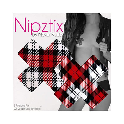 Red, black, and white plaid X-shaped pasties by Neva Nude displayed with a model wearing one under an open jacket.