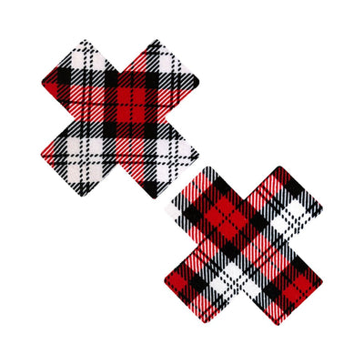 Pair of red, black, and white plaid X-shaped pasties with a school girl plaid pattern on a white background.