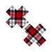 Pair of red, black, and white plaid X-shaped pasties with a school girl plaid pattern on a white background.