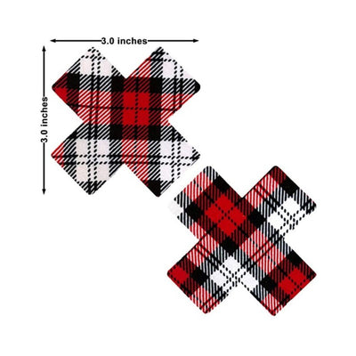 Pair of red, black, and white plaid X-shaped pasties measuring 3 by 3 inches with a school girl style pattern.