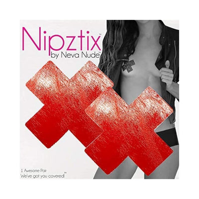 Red wet vinyl X-shaped pasties by Neva Nude shown on a model wearing a black jacket and underwear.
