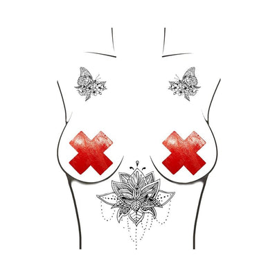 Illustration of red wet vinyl X-shaped pasties on a stylized female torso with black floral and butterfly tattoos.