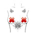 Illustration of red wet vinyl X-shaped pasties on a stylized female torso with black floral and butterfly tattoos.