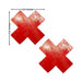 Pair of red wet vinyl X-shaped pasties measuring 3 inches by 3 inches each with a shiny finish.