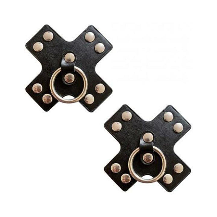 Pair of black leather X-shaped nipple pasties with silver studs and central metal rings for edgy reusable wear.