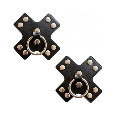 Pair of black leather X-shaped nipple pasties with silver studs and central metal rings for edgy reusable wear.