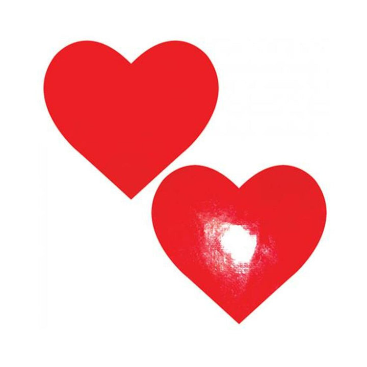 Pair of red wet vinyl heart-shaped pasties with a glossy finish on a white background
