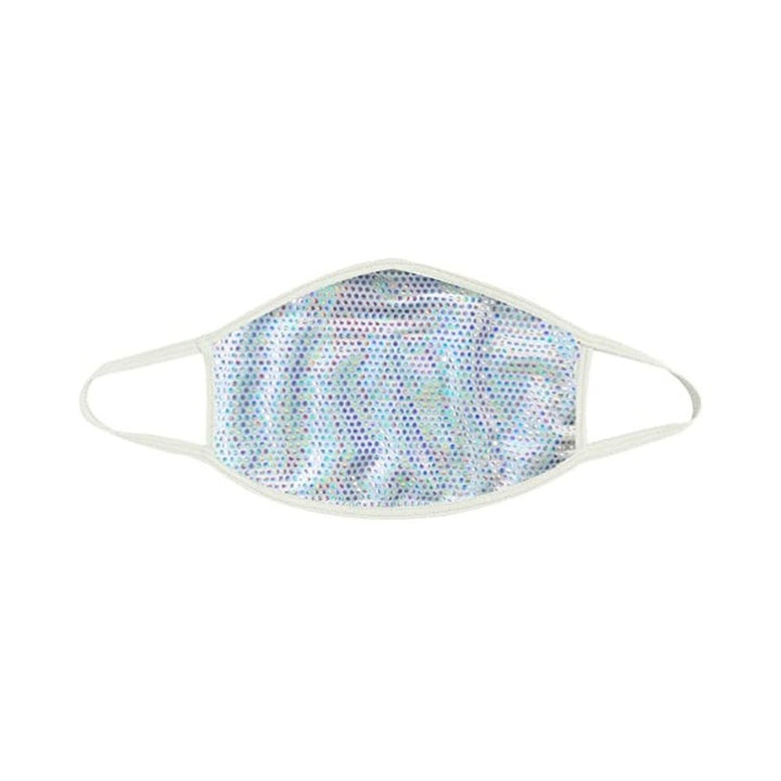 White holographic party face mask with iridescent dot pattern and elastic ear loops for a comfortable fit