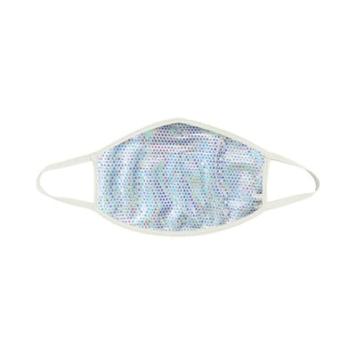 White holographic party face mask with iridescent dot pattern and elastic ear loops for a comfortable fit