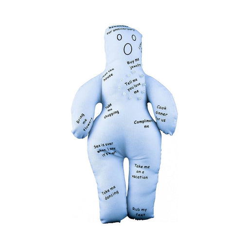 Light blue New Husband Voodoo Doll with playful relationship prompts printed on its body and included pins.