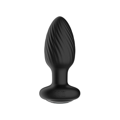 Black silicone anal plug with textured spiral design and flared base, rechargeable and remote-controlled.