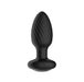Black silicone anal plug with textured spiral design and flared base, rechargeable and remote-controlled.