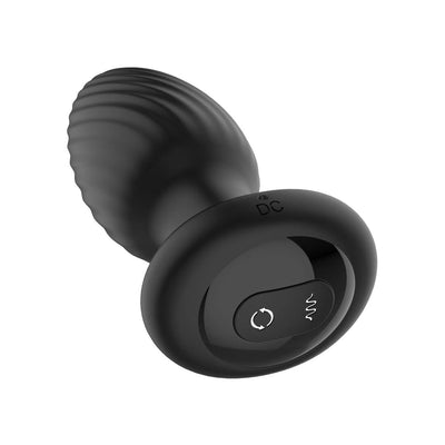 Black silicone vibrating anal plug with textured tapered shape and remote control buttons on the base.