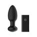 Black silicone vibrating anal plug with textured surface and matching remote control on white background