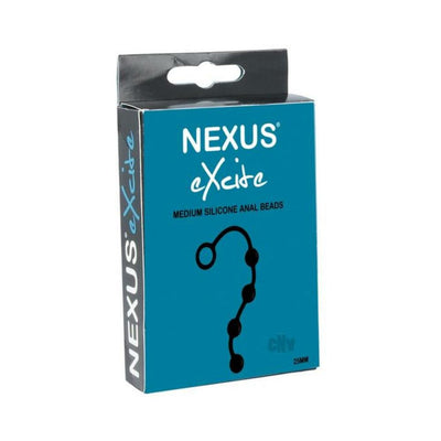 Packaging of Nexus Excite medium black silicone anal beads with product illustration on blue background.