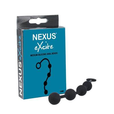 Nexus Excite medium black silicone anal beads with four smooth spheres and easy removal loop displayed next to blue and black packaging.