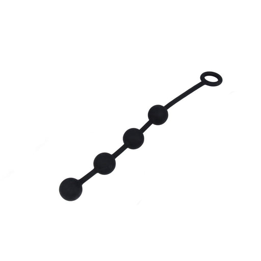 Black silicone medium anal beads with four smooth spheres and a secure removal loop on a white background.