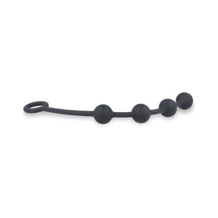 Black silicone anal beads with four graduated spheres and a loop handle for easy removal.