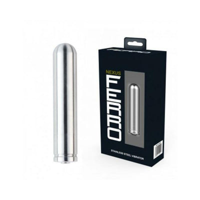 Stainless steel rechargeable bullet vibrator with sleek design next to black Nexus Ferro packaging box.