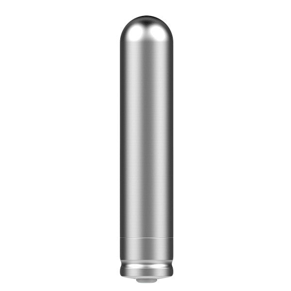 Sleek stainless steel rechargeable bullet vibrator with smooth rounded tip and waterproof design.
