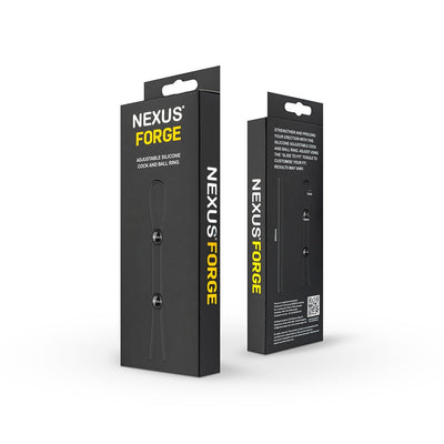 Packaging of Nexus Forge Adjustable Silicone Cock and Ball Lasso Ring in black with product details and branding visible.