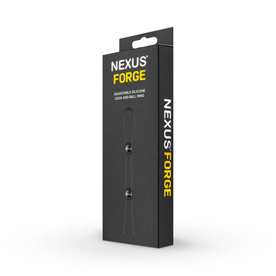 Black and yellow Nexus Forge packaging for adjustable silicone cock and ball lasso ring with product image on front.