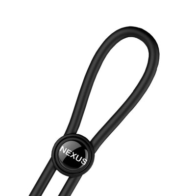 Black adjustable silicone lasso ring with Nexus-branded slide toggle for customizable fit.