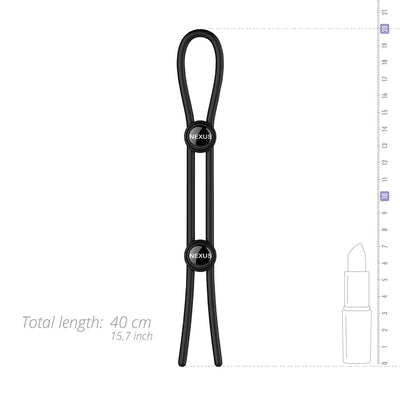 Black adjustable silicone lasso ring with two slide toggles, shown with size scale and lipstick for reference.