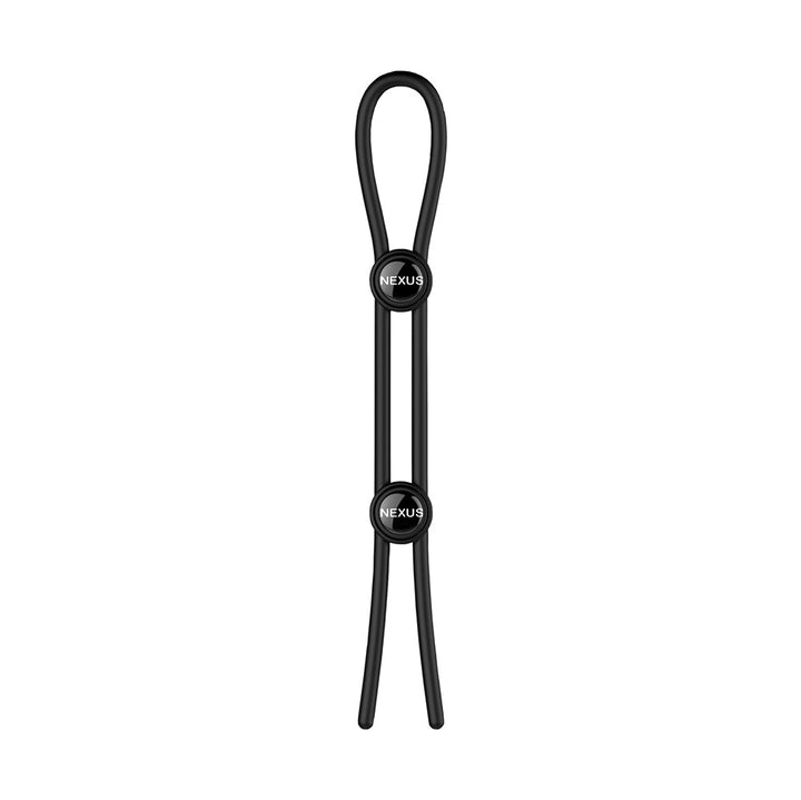 Black adjustable silicone cock and ball lasso ring with two slide toggles for customizable fit by Nexus.