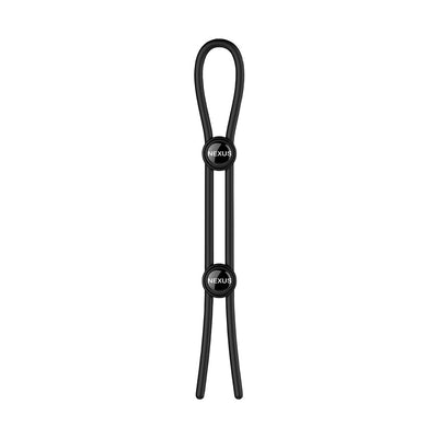 Black adjustable silicone cock and ball lasso ring with two slide toggles for customizable fit by Nexus.