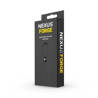 Black packaging box of Nexus Forge adjustable silicone lasso cock ring with yellow and white branding text.