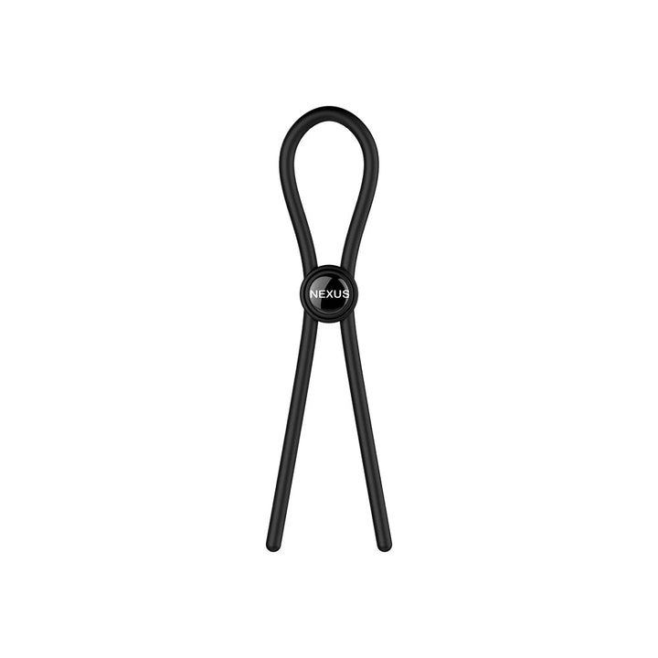 Black adjustable silicone lasso cock ring with slide-to-fit toggle and Nexus logo on white background.