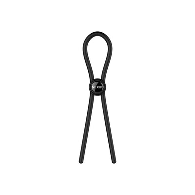 Black adjustable silicone lasso cock ring with slide-to-fit toggle and Nexus logo on white background.