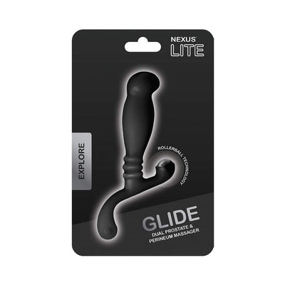 Black Nexus Glide prostate and perineum massager in retail packaging highlighting rollerball technology.