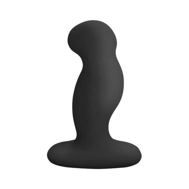 Black silicone unisex vibrator with ergonomic curved shape and wide base for versatile use.