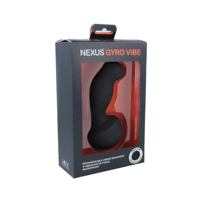 Nexus Gyro Vibe in black silicone displayed in black and red packaging with clear window showing curved design.