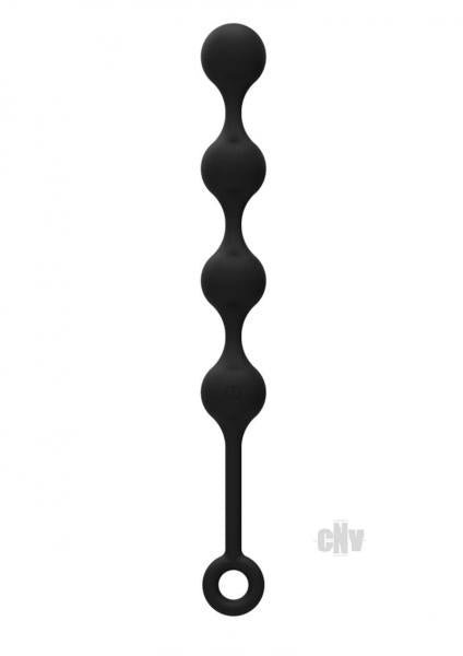 Black silicone vibrating anal balls with four connected spheres and a loop handle for easy control.