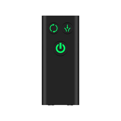 Black remote control with three green illuminated buttons for power, rotation, and suction functions.