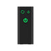 Black remote control with three green illuminated buttons for power, rotation, and suction functions.